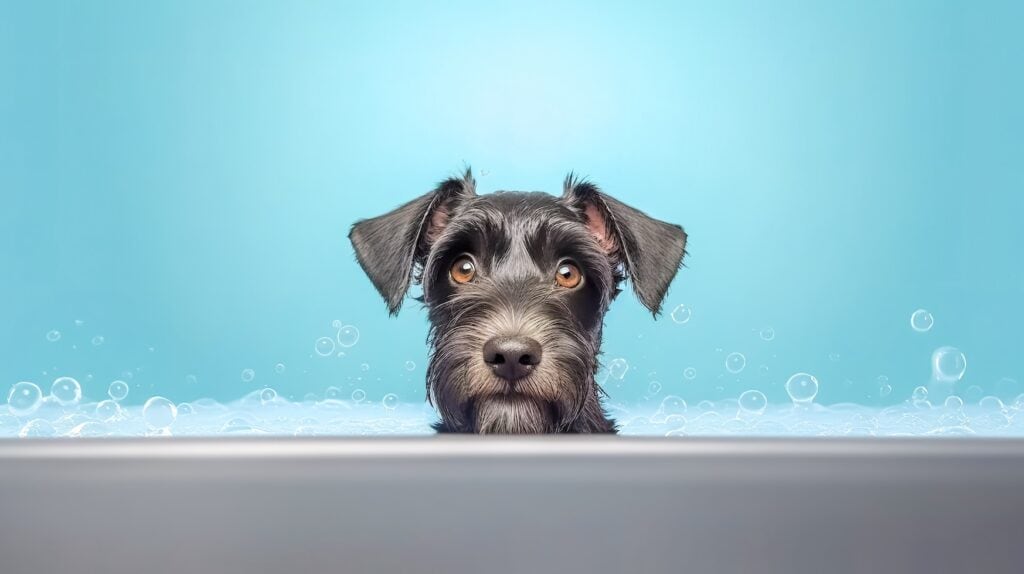 schnauzer prend un bain